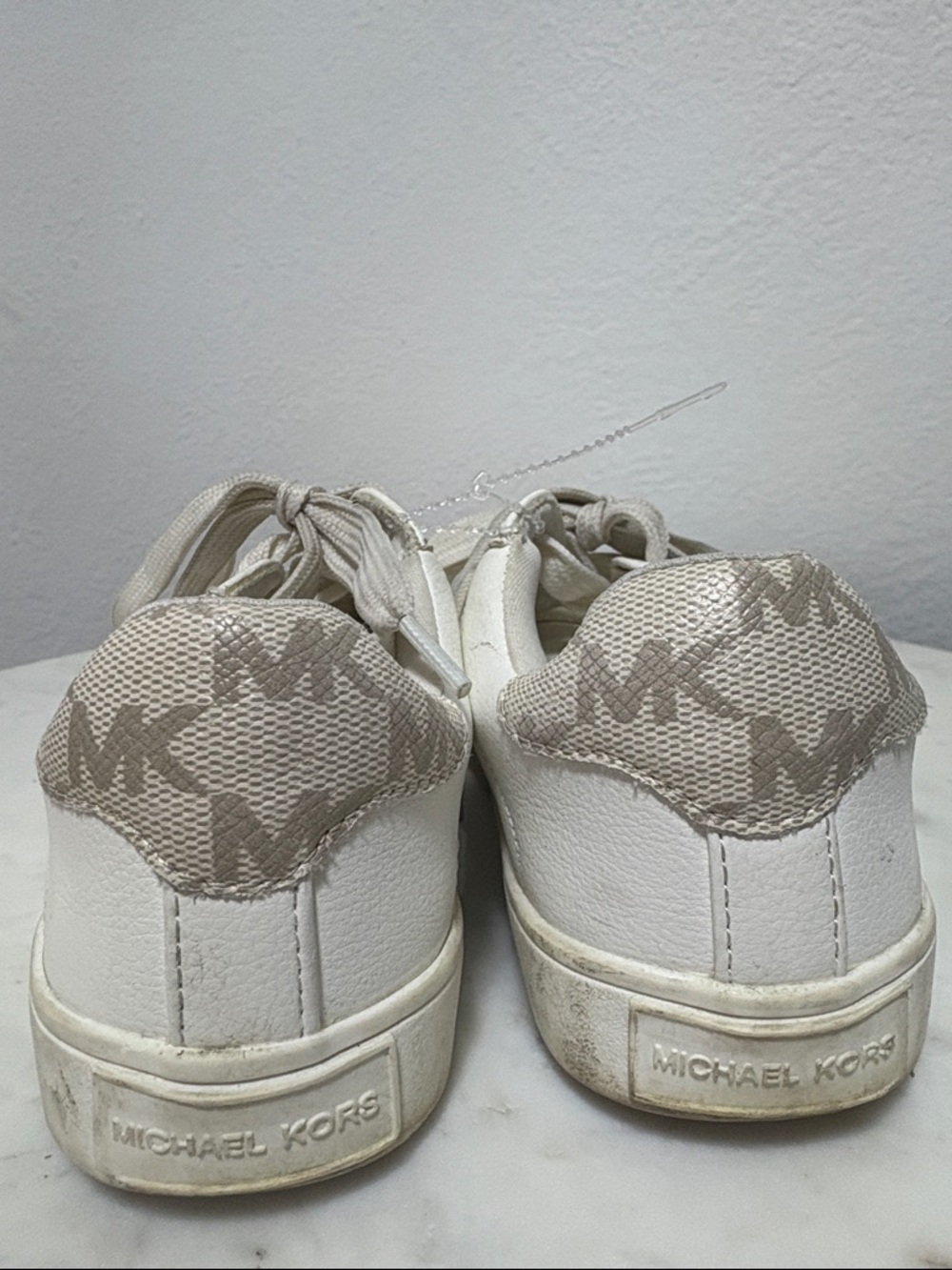 Michael Kors White & Taupe Kids Sneakers with Gold MK Accent - Picture 2 of 10